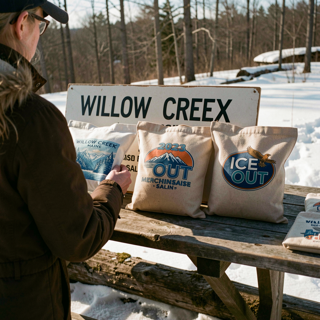 Official Ice-Out merchandise — hats, T-shirts, and commemorative mugs — generate $18,000 in sales as the annual Homan's Pond Ice-Out prediction contest grows into a tourism event.