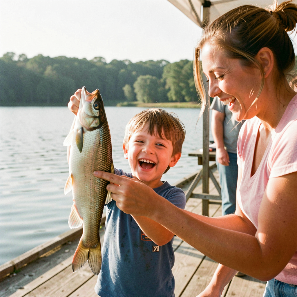 A young fisherman beams at the weigh-in station, pickerel in hand — the moment that keeps families coming back to the derby year after year.